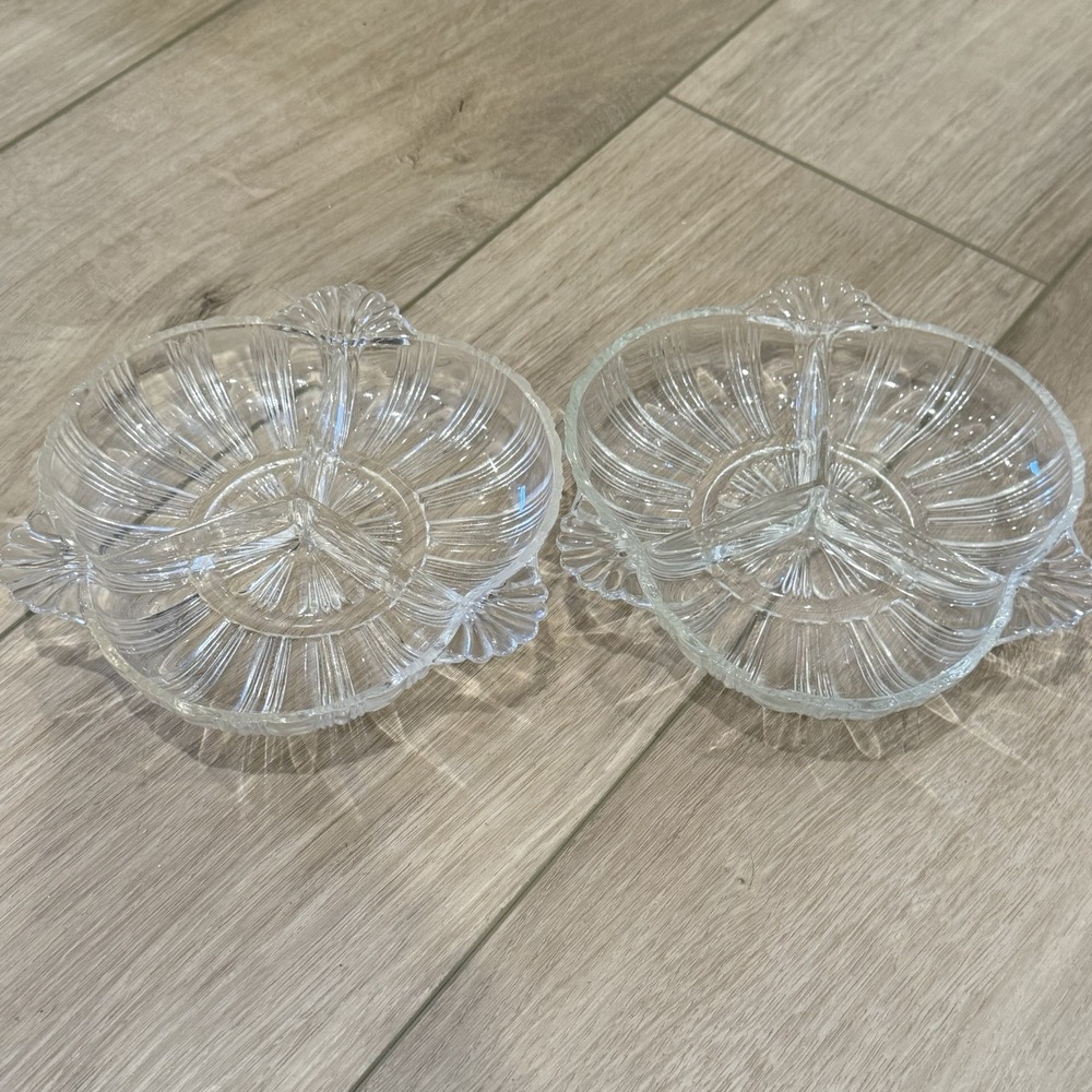 Pair Vintage Clear Pressed Glass 3 Section Divided Flower Petal Candy Dishes 6”